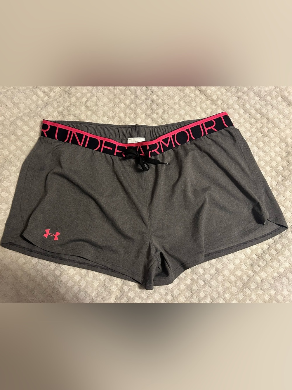 Under Armour Women's Gray Athletic Shorts with Pink Branded Waistband